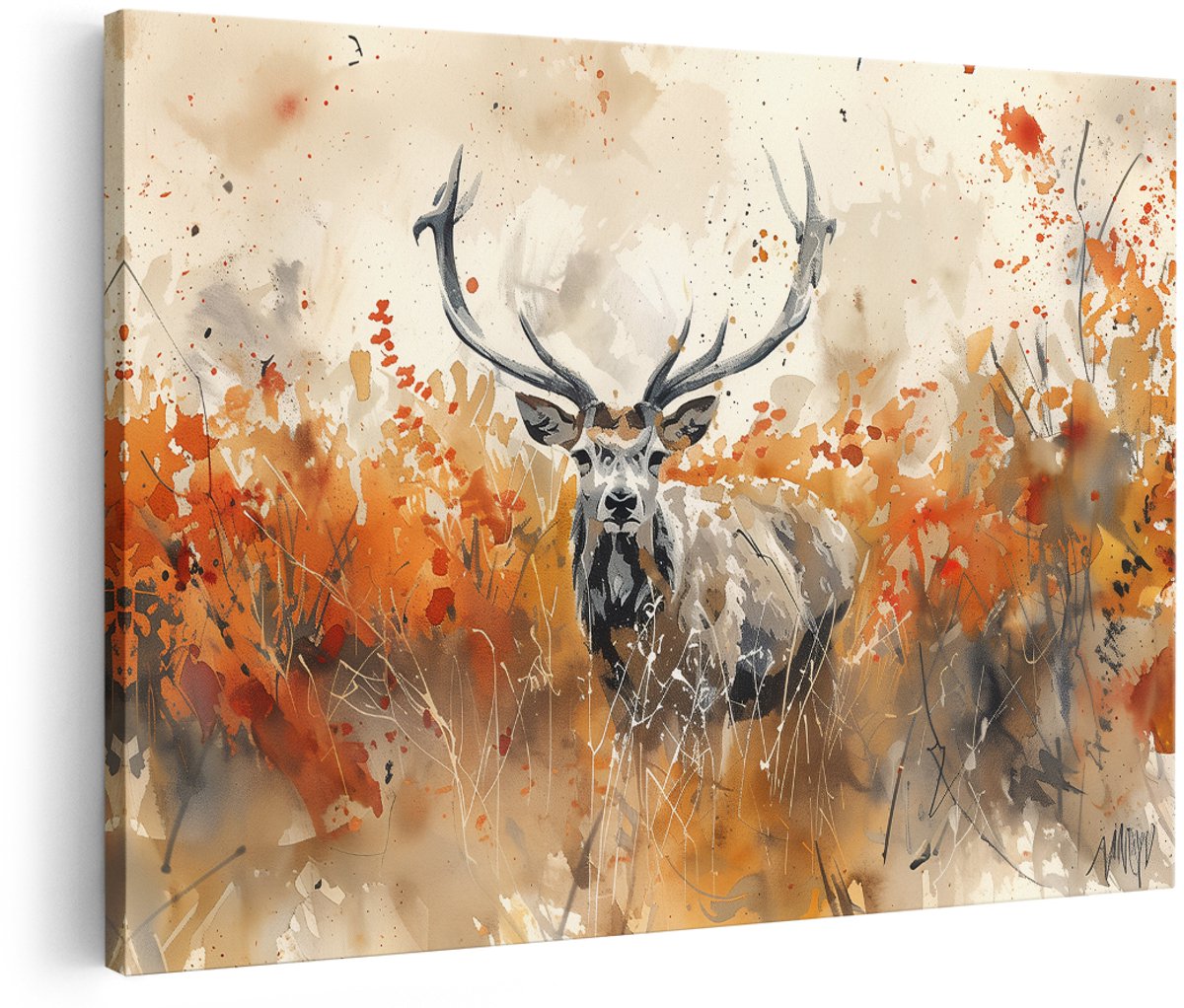 Artaza Canvas Schilderij Hert - 150x100 cm - Groot - Wanddecoratie Aquarel - Muurdecoratie Edelhert - Decoratie Herfst Natuur - Oranje