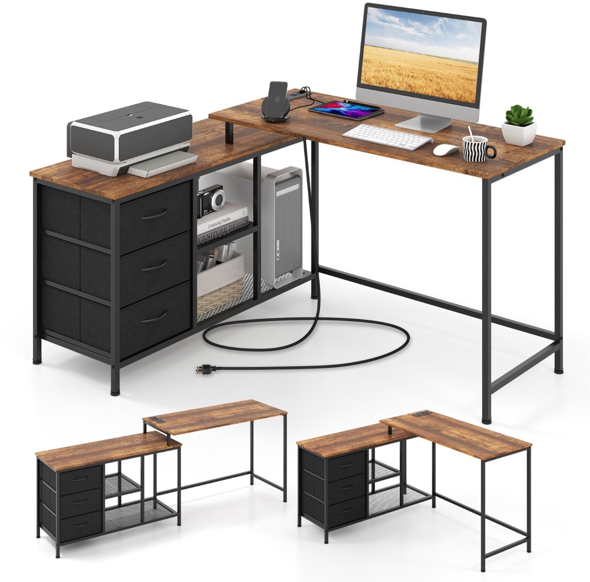 SureDeal® - Ombouwbaar Hoekbureau 205 cm - L-Vormig Bureau - Hout & Metaal - Bruin - Met Stopcontact & 3 Stoffen Lades