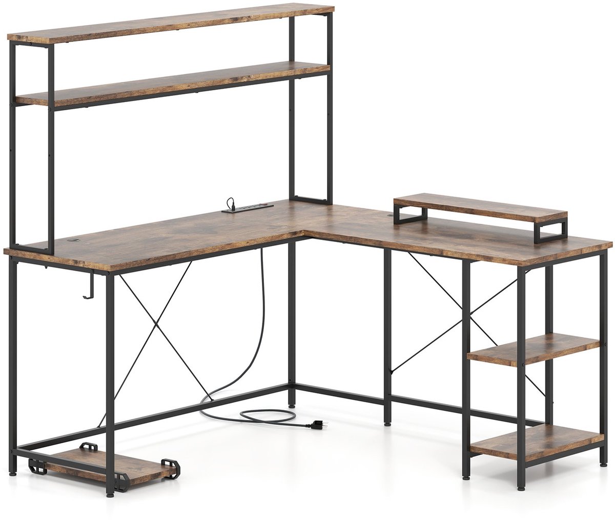 SureDeal® - L-Vormig Gaming Bureau met LED & Stopcontacten - Hout & Metaal - 145x145x147 cm - Bruin - Hoek Computerbureau