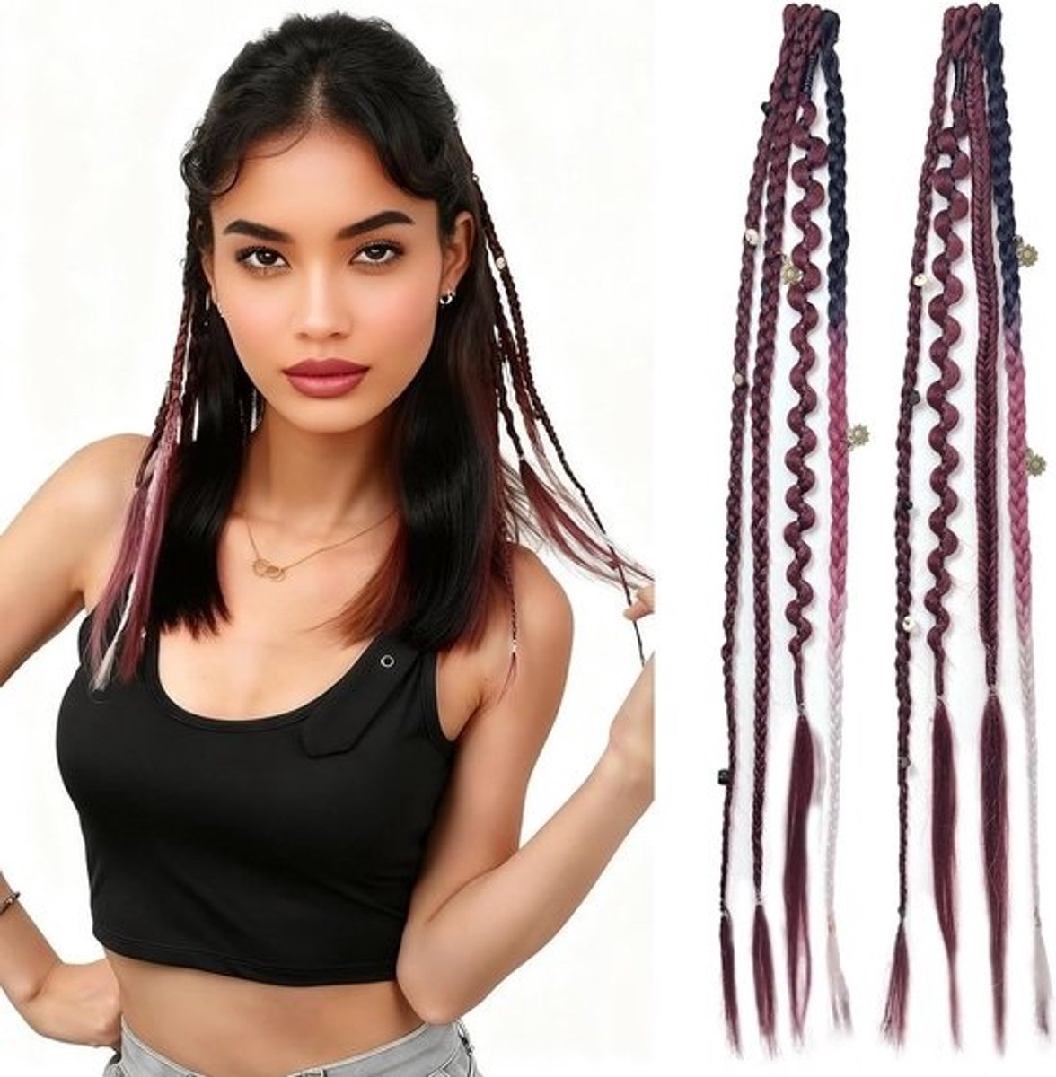 Epische Vlecht Extensions met Clips - 2 Stuks Boheemse Haarverlenging met Kralen