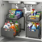 REFTTENW Gootsteenkast Organizer - Keuken Organizers Aanrecht - Keukenkast Organizer - Gootsteenkastrek Uitschuifbaar - Schuiflades - Zwart