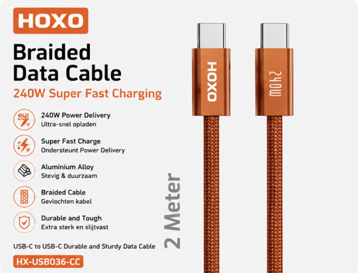 HOXO USB-C naar USB-C Kabel 240W – 2 Meter – Power Delivery Snellader Kabel – Gevlochten – Voor Smartphone Tablet en Laptop – Oranje