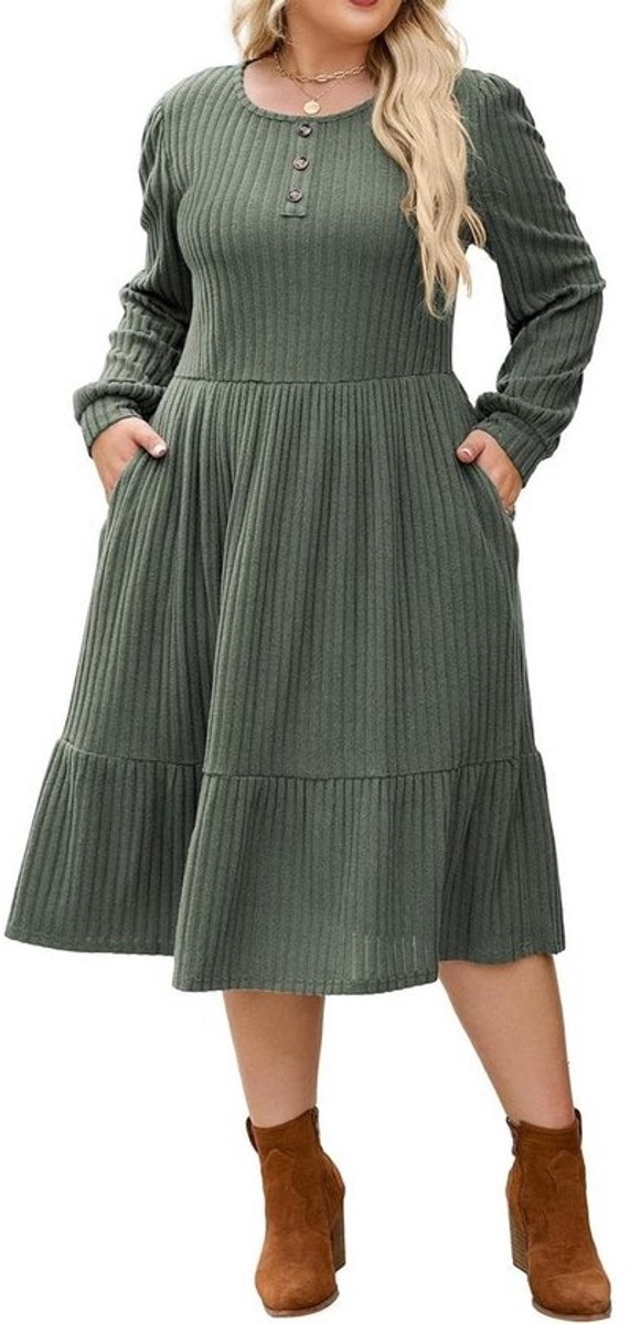 Elegante Gebreide Midi Jurk voor Dames met Lantaarnmouwen