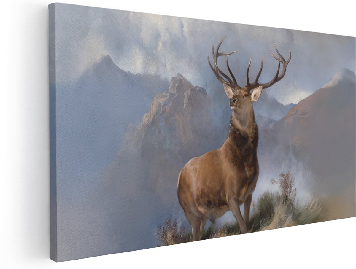 Artaza Canvas Schilderij Edelhert - 160x80 cm - Groot - Wanddecoratie Schotse Hooglander - Muurdecoratie Bergen - Decoratie Dieren Schilderijen