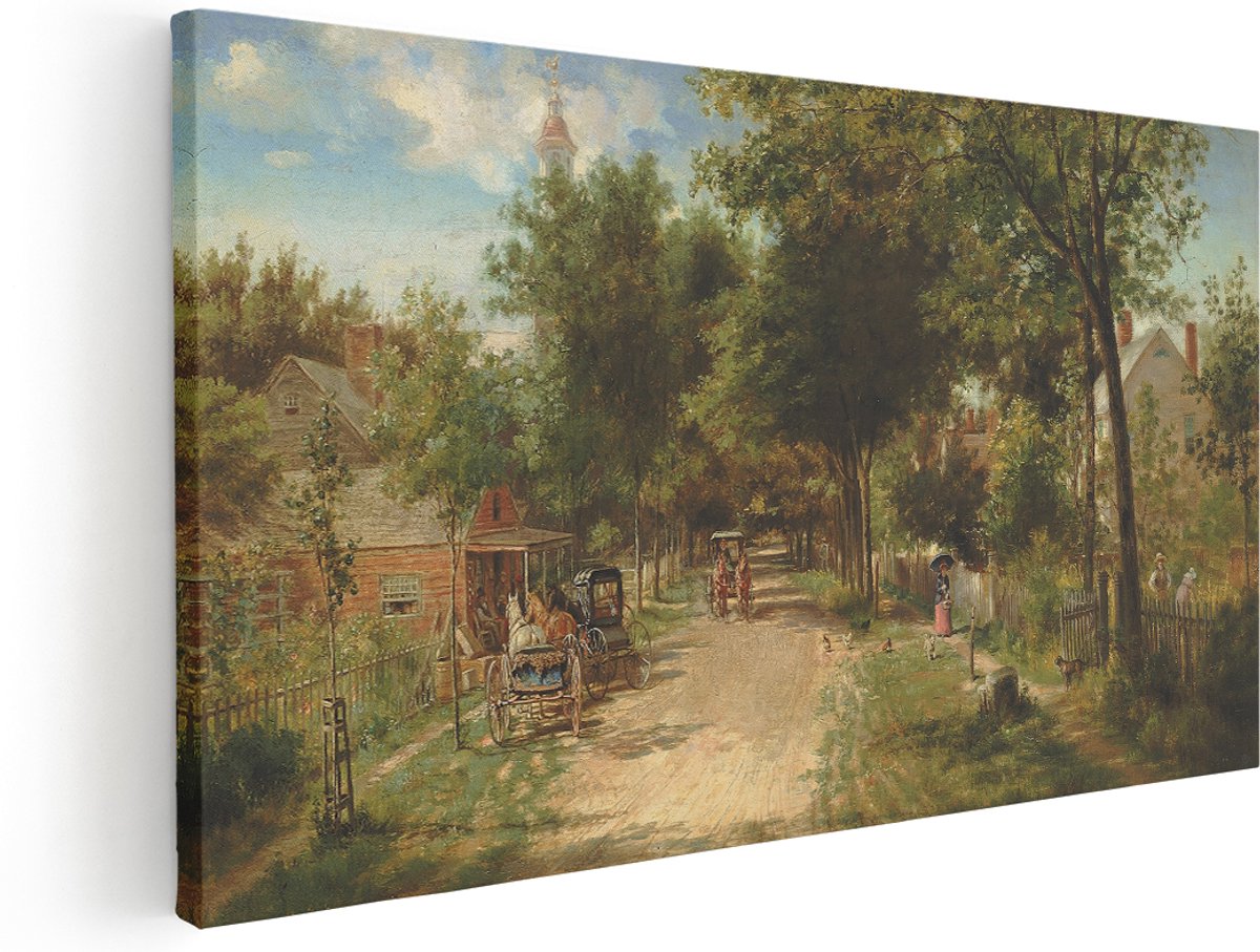 Artaza Canvas Schilderij Landelijk Dorpsgezicht - 160x80 cm - Groot - Wanddecoratie Paard - Muurdecoratie Victoriaans - Kamer Accessoires Natuur