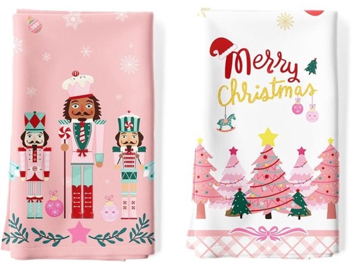 Set van 2 Keukenhanddoeken Katoen Roze Notenkraker Borduren Theedoeken Huisdecoratie