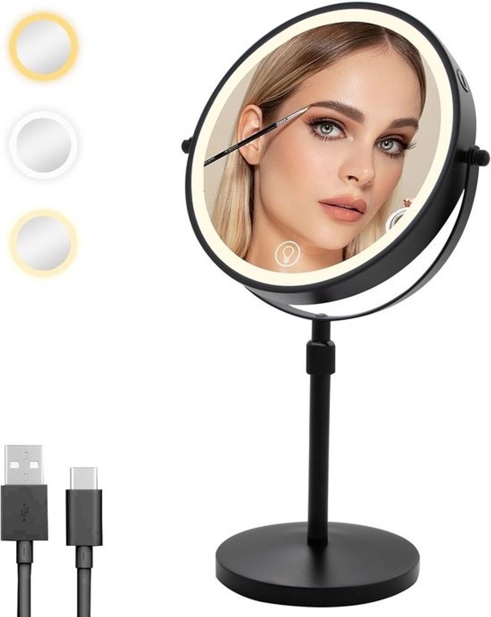 Vergroot Make-up Spiegel met Licht op Standaard - 1x/10x Vergroting & Verstelbaar