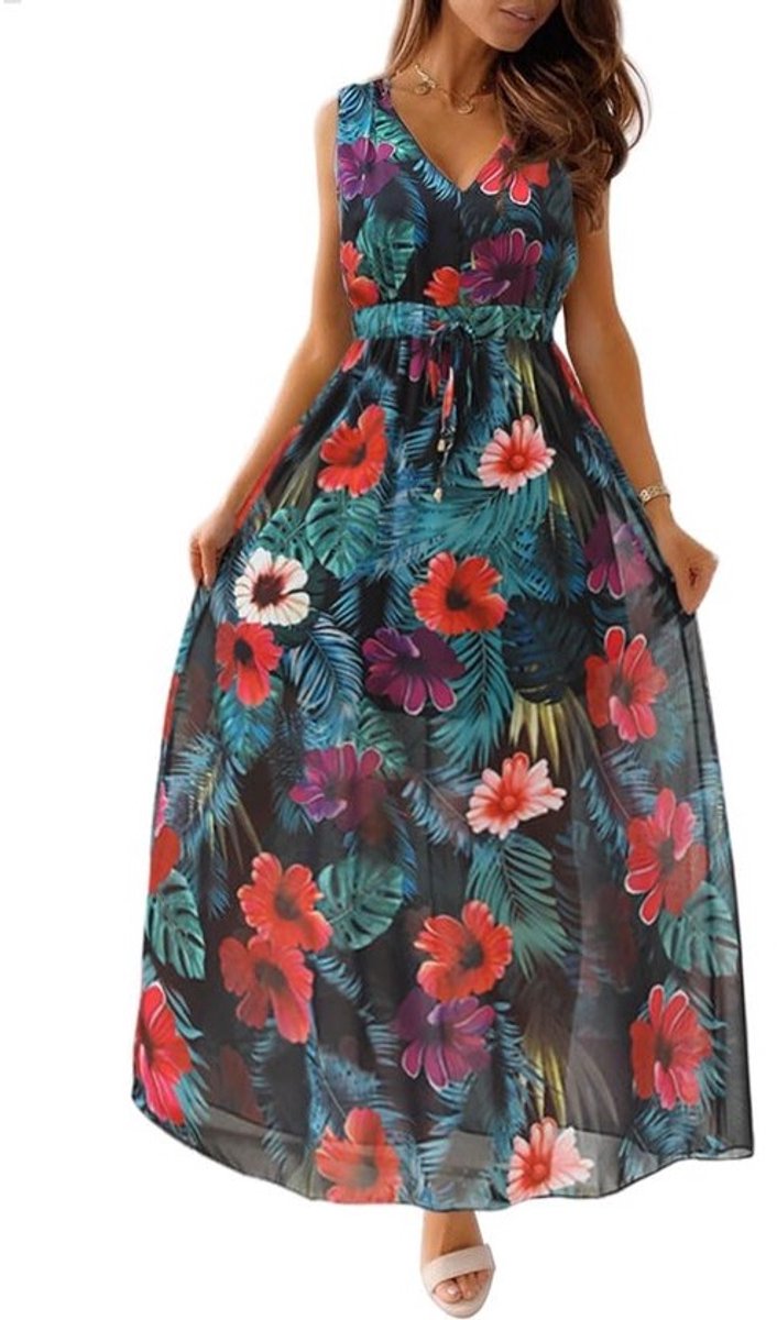 Lange Zomerjurk Dames Mouwloos Bloemenprint Casual Strandjurk Boho Stijl