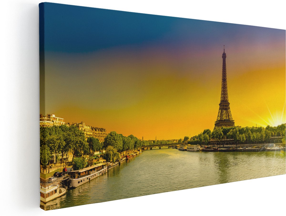 Artaza Canvas Schilderij Eiffeltoren In Parijs Tijdens Zonsopgang - 160x80 cm - Groot - Wanddecoratie Woonkamer - Schilderijen - Muurdecoratie
