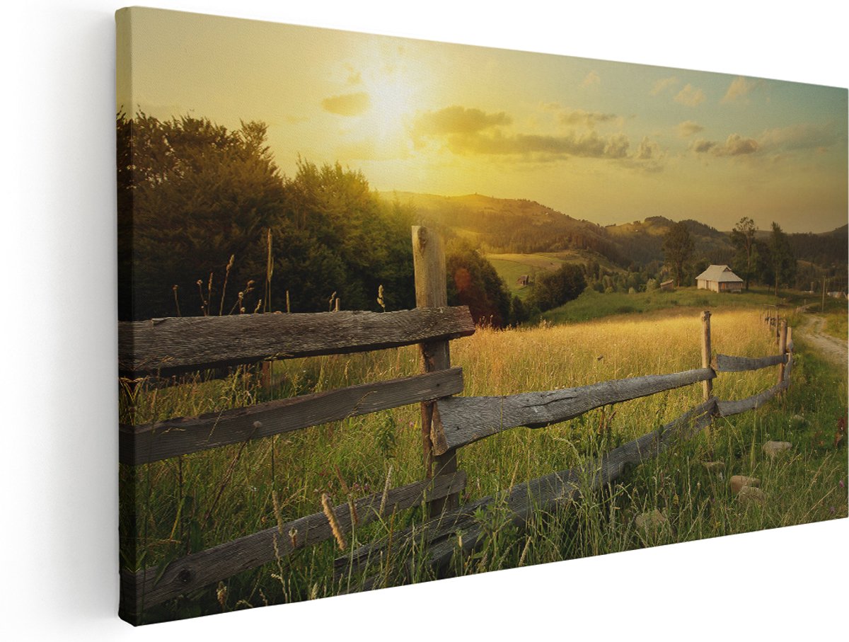Artaza Canvas Schilderij Boerderij Hekken op het Grasveld - 160x80 cm - Groot - Wanddecoratie Woonkamer - Schilderijen - Muurdecoratie