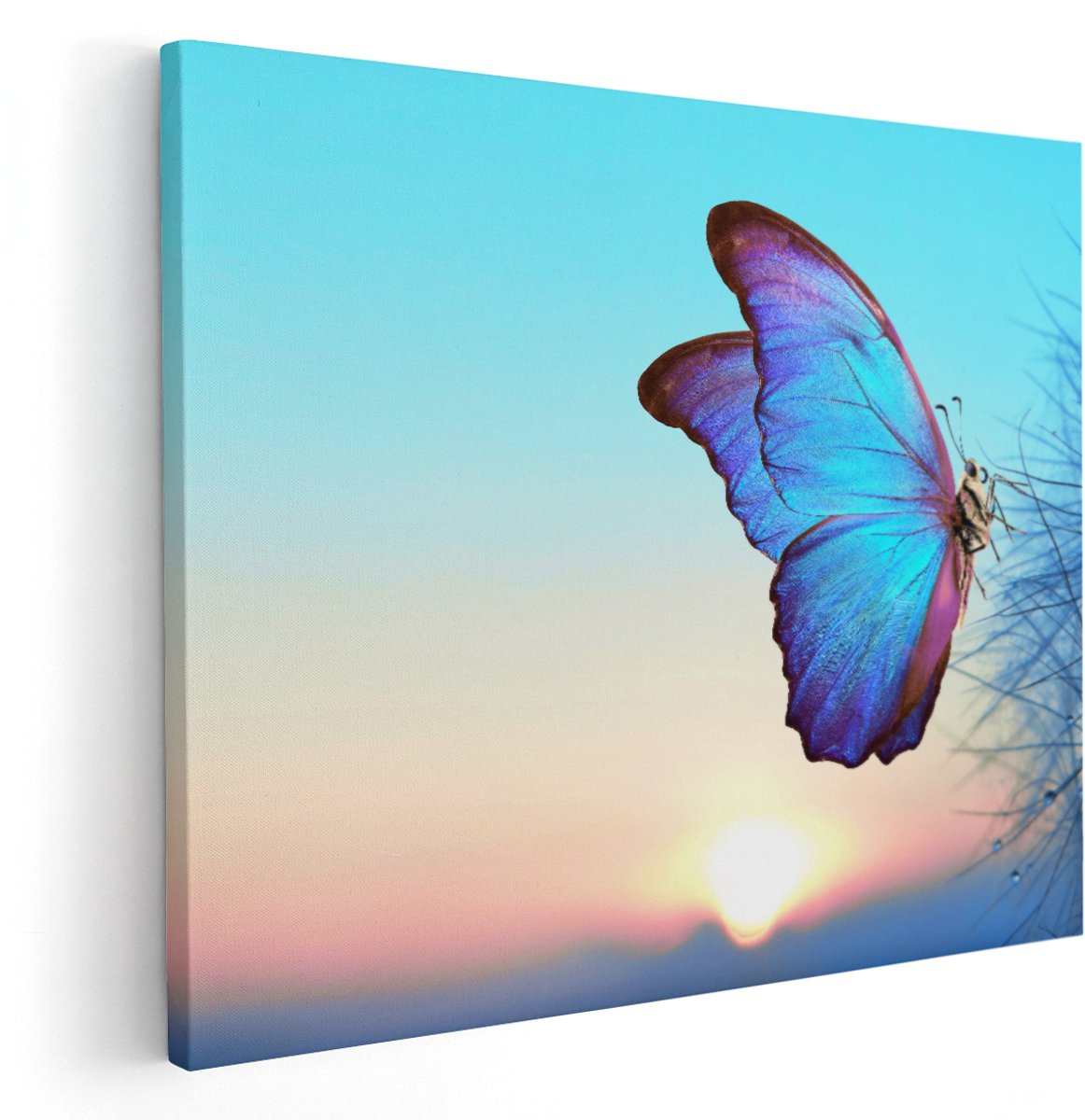 Artaza Canvas Schilderij Blauwe Vlinder Bij Paardenbloemen - 150x120 cm - Groot - Wanddecoratie Woonkamer - Schilderijen - Muurdecoratie