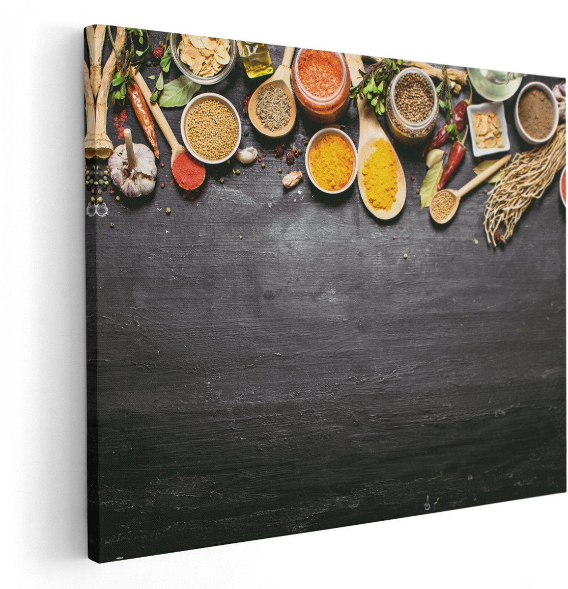 Artaza Canvas Schilderij Indiase Kruiden Op Een Zwarte Tafel - 150x120 cm - Groot - Wanddecoratie Woonkamer - Schilderijen - Muurdecoratie