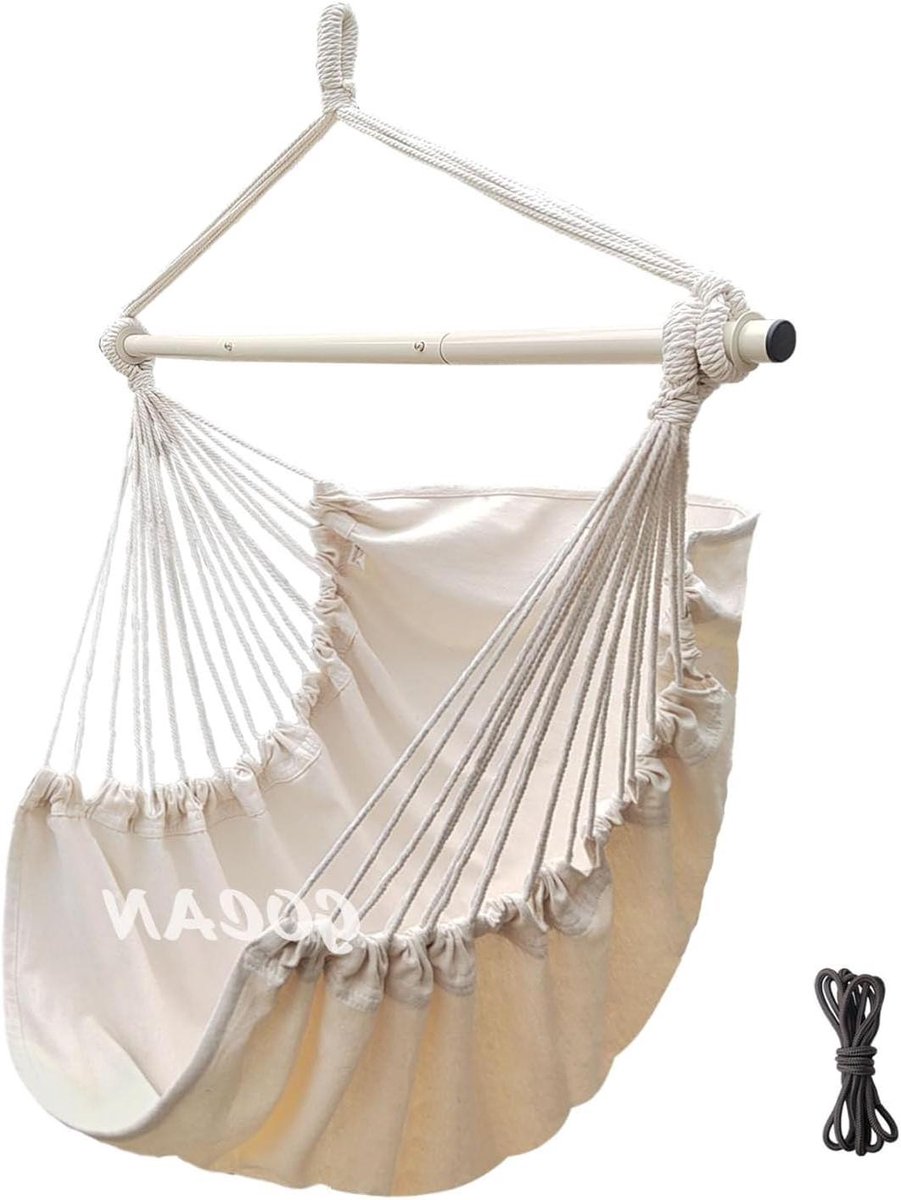 Hangmat Schommelstoel - Katoenen Stoel - Ontspannen Buiten - Met Metalen Spreidstang - 110 x 150 cm - Beige