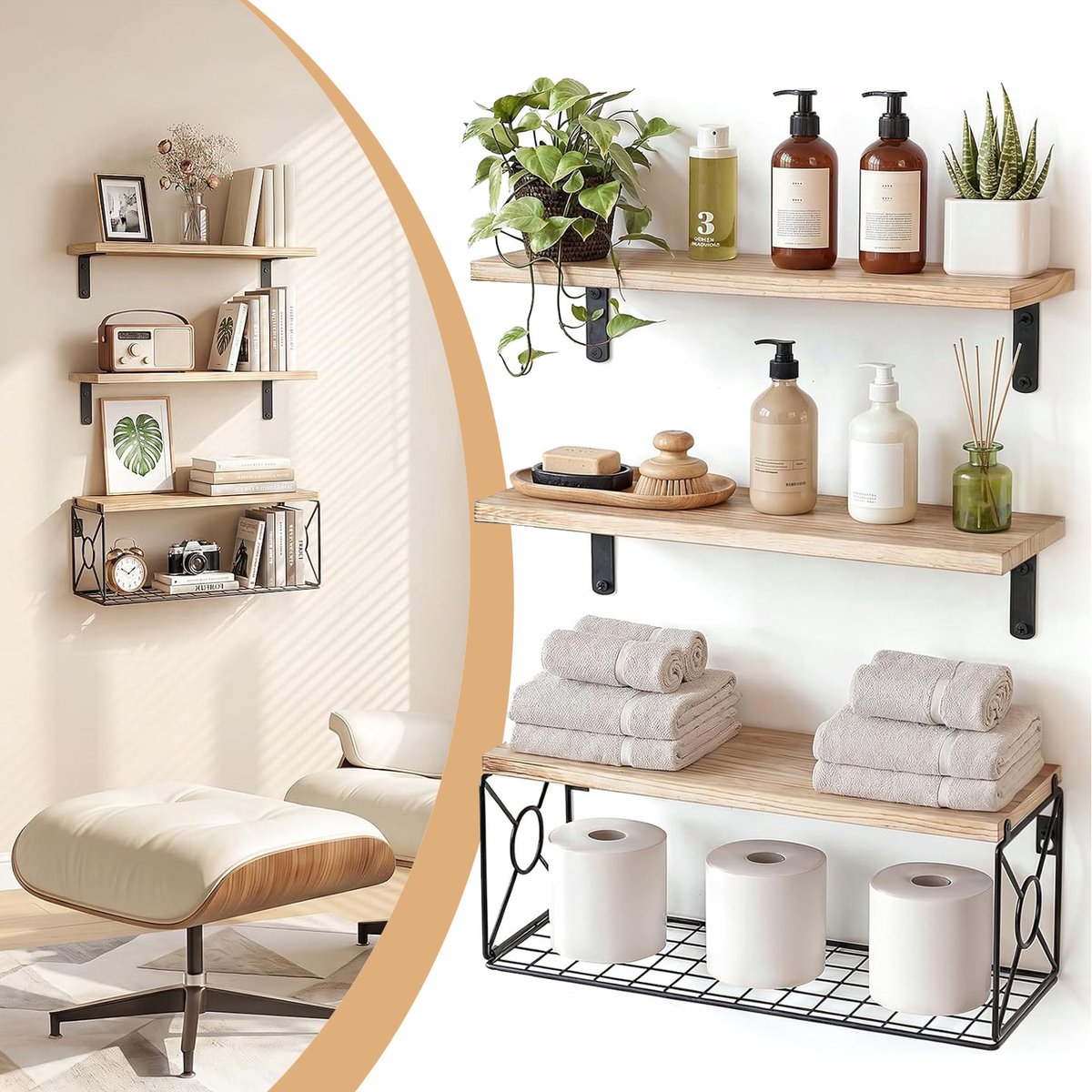 Zwevende Planken Met Opbergmand -Houten Badkamerplanken - Wandplanken Als Decoratie Voor Woonkamer/Kantoor
