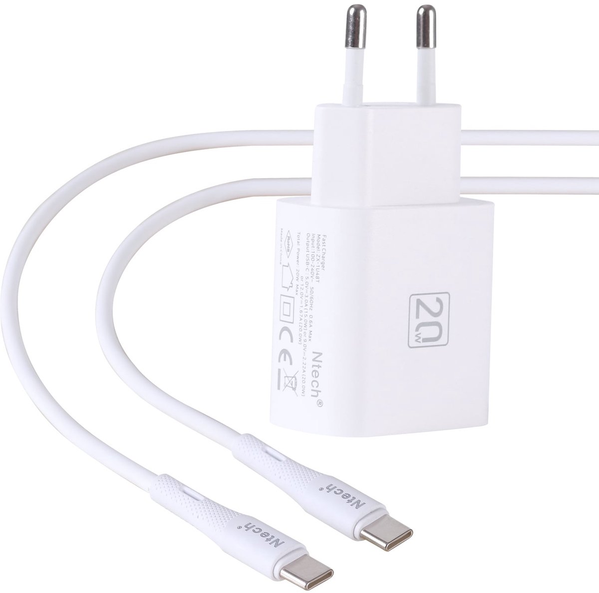 USB C Adapter 20W met USB C Kabel – Ntech Snellader voor Samsung S26/S26 FE/S25/S24, A57/A56/A37/A36 & iPhone 17/16/15