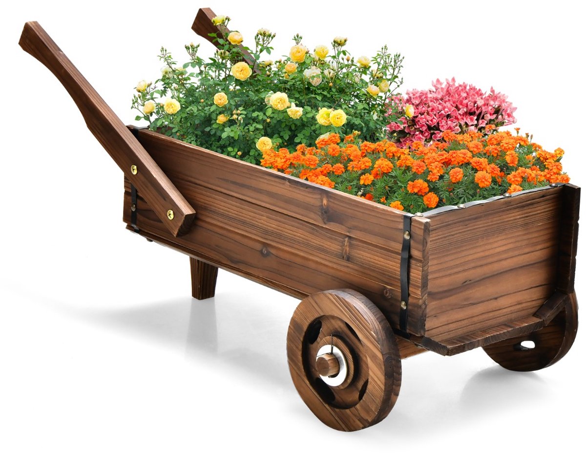 SureDeal® - Plantenbak - Bloemenwagen Hout Plantenwagen - Wielen - Handgrepen Plantenpot Bolderkar - 81x40x38,5 cm - Koffiebruin