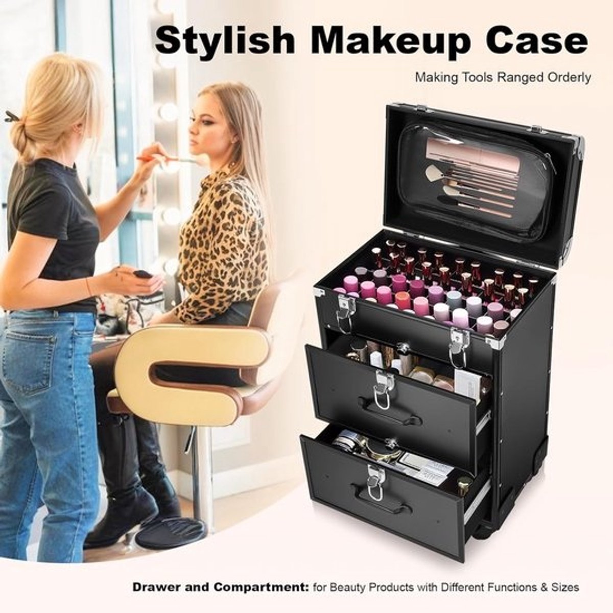 Professionele Cosmetica Trolley Koffer met Wieltjes en Slot - Verstelbare Make-up Opberger