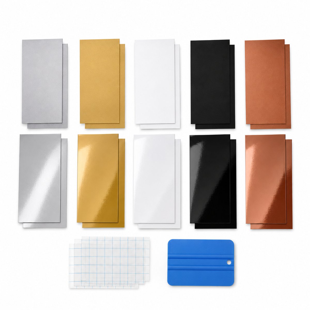 Vinyl Pakket Mat & Glans – 20 Vellen 14x30,5cm (Zilver, Goud, Wit, Zwart, Koper) – Inclusief Applicatietape & Rakel – Geschikt voor Cricut Joy, Loklik, Brother & Silhouette Cameo