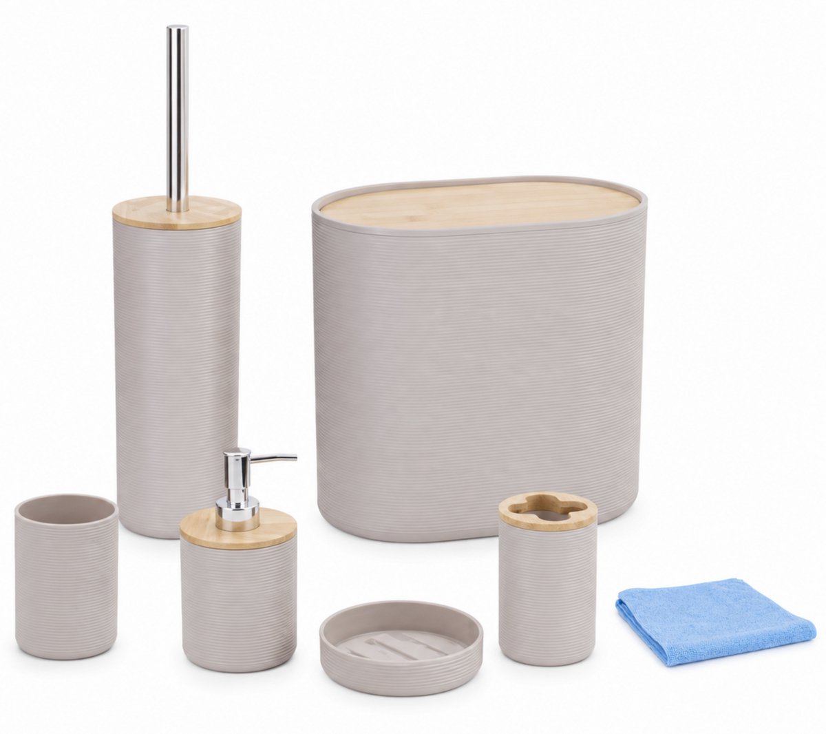 HEM Badkameraccessoireset 7-delig - Badkamerset met Afvalbak, Toiletborstel, Zeepdispenser, Tandenborstelhouder, Beker, Zeepbakje en HEM Microvezeldoek - Warmgrijs met Bamboe