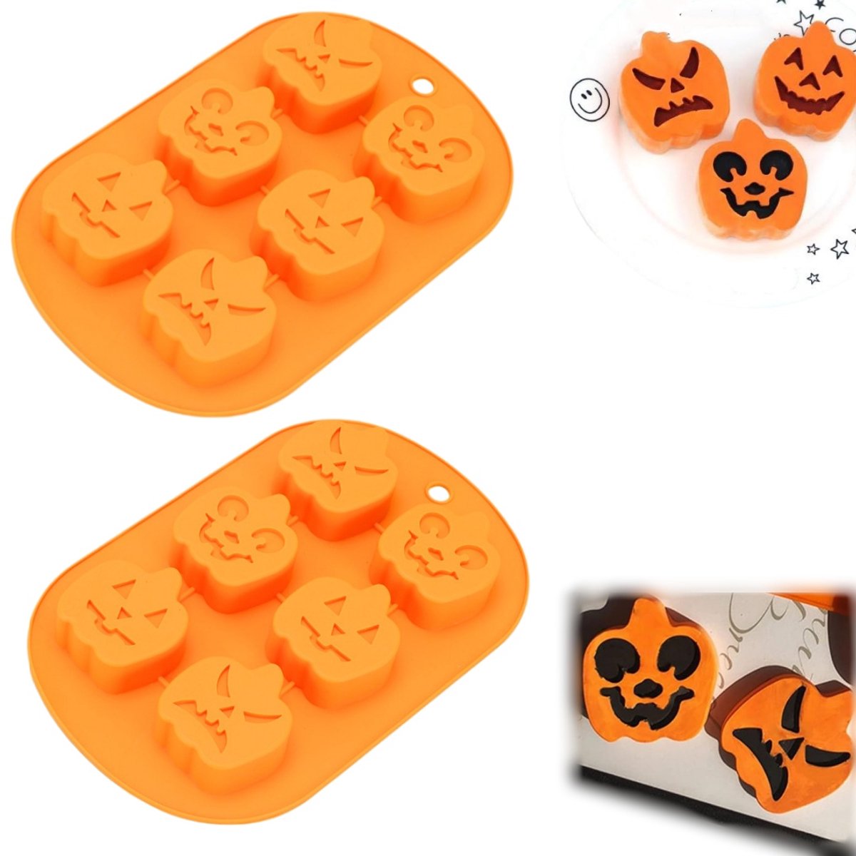 2 stuks Vormen – Koekjesvormpje – Bakbenodigdheden – Taartbakgereedschap – Pompoenvorm – Halloween siliconen mal – 6 holtes – Voor cakes, chocolaatjes, snoepjes, koekjes, gebak, desserts, gelei (27,4 x 17,3 x 2,8 cm – Oranje)