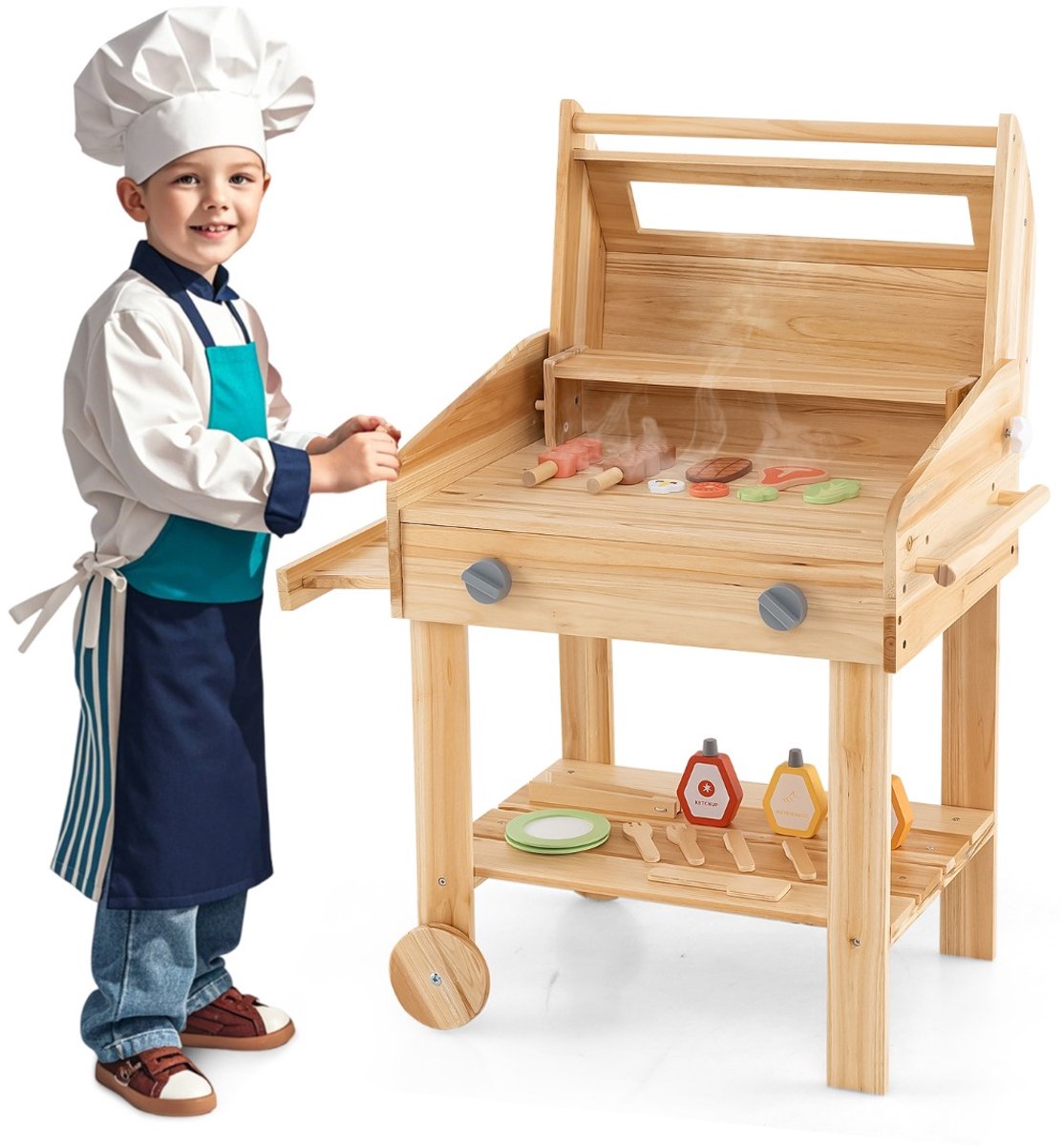 SureDeal® - Rollenspell - Kinderbarbecue - Barbecue Accessoires Grill - Kinderen - Rek - Wielen Delig BBQ - Jongens - 53x36x63 cm - Naturel