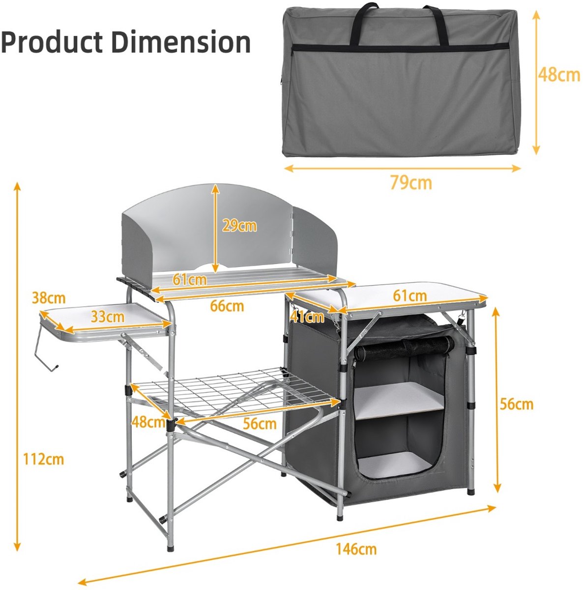SureDeal® - Kamper - Buitenkampeertafel - Opbergruimte Opvouwbare Keukentafel - Windscherm Lichtgewicht - 146x46x112 cm - Grijs