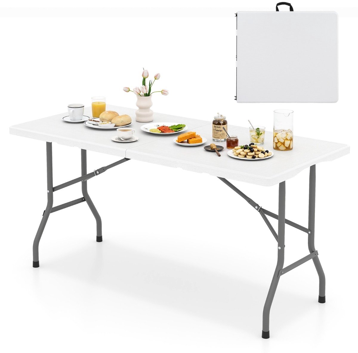SureDeal® - Kamper - Klaptafel Lang Lichte - Binnen - Buiten - HDPE Tafelblad Stevig - Draaggreep - 152x70x74 cm - Wit