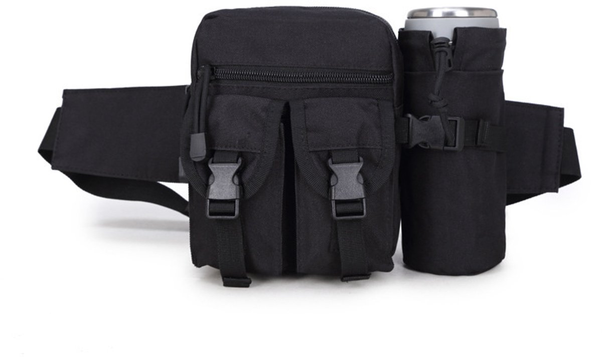 erstelbare Tactische Heuptas voor Dames en Heren met Waterfleshouder, Lichtgewicht Fanny Pack voor Hardlopen, Wandelen, Fietsen en Reizen, Geschikt voor Tailleomvang van 70 tot 105 cm, Met Meerdere Vakken - zwart