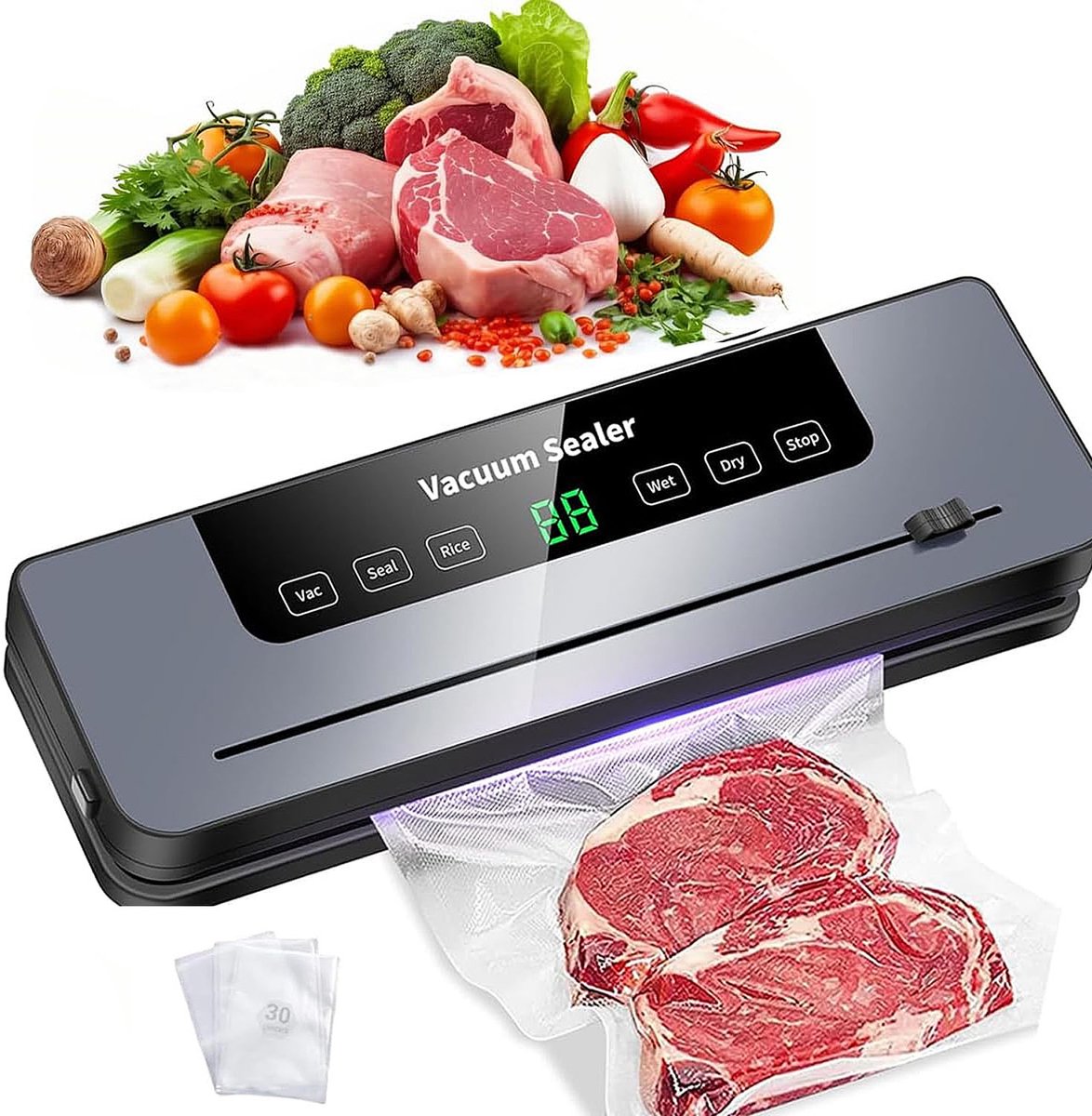 Automatische Vacumeermachine - Vacuüm Sealer 30 cm - 120W Krachtige Vacuümfunctie - Voor Droog, Vochtig, Olie en Poeder - Afneembare Basis - Inclusief 30 Vacuümzakken - Voor Voedsel Bewaren en Thuisgebruik