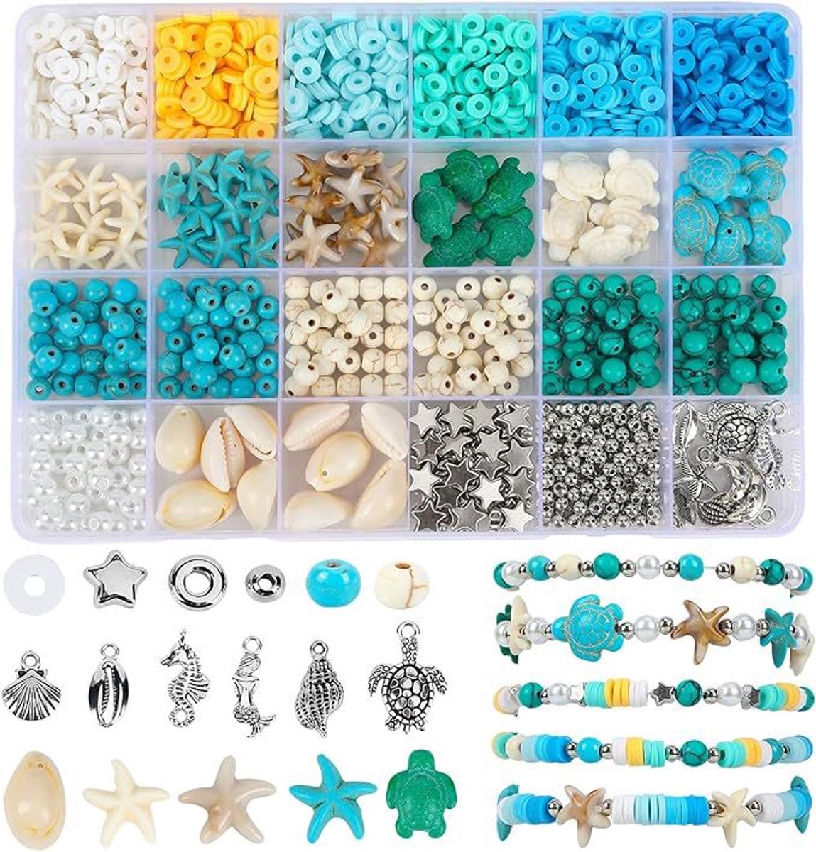 Oceaan Thema DIY Kralenpakket voor Volwassenen – 24 Vakjes Georganiseerde Kralendoos, Losse Polymeerklei Zaadkralen en Natuurlijke Schelpen, Strandvakantie Sieraden maken, Zomer Hobbypakket