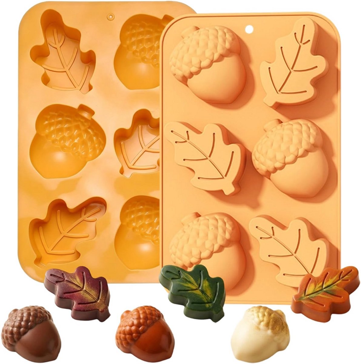 Siliconen bakvormen met herfstthema - Set van 2 - Bakvormen - Esdoornblad - DIY-vormen - 3 vormen - Voedselveilig - Geschikt voor het maken van snoep, ijsblokjes, chocolade, taarten, decoraties, gelei, kaarsen en handgemaakte zeep - 27*17*3,5 cm-Geel