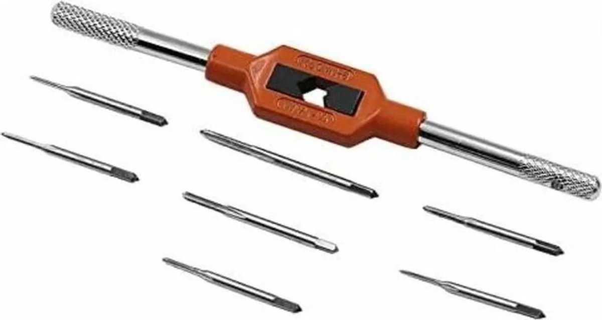 De tappen M1.1, M1.2, M1.4, M1.6, M1.8, M2 en M2.5, voorzien van verstelbare tapsleutels M1-8, zijn opgeborgen in een plastic doos.