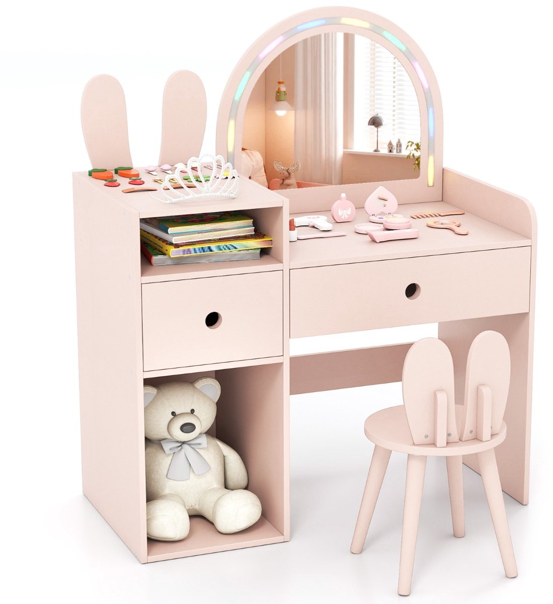 SureDeal® - Kaptafel - Kinderkaptafel - Stoelenset - Schitterende LED spiegel - Lades - 80,5x39,5x95 cm - Roze