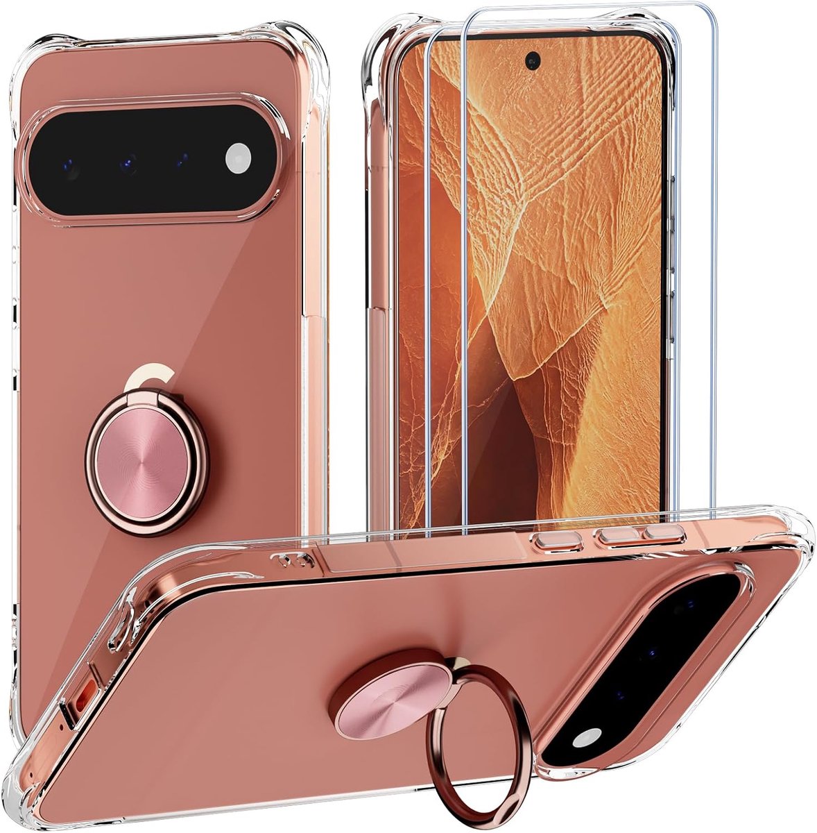 Zandarix Screenprotector Geschikt voor Google Pixel 11 Pro XL - 2 Screenprotector - 360 Graden - Magnetische Ring Roze Goud - Schokbestending - Back Cover Hoesje - Transparant