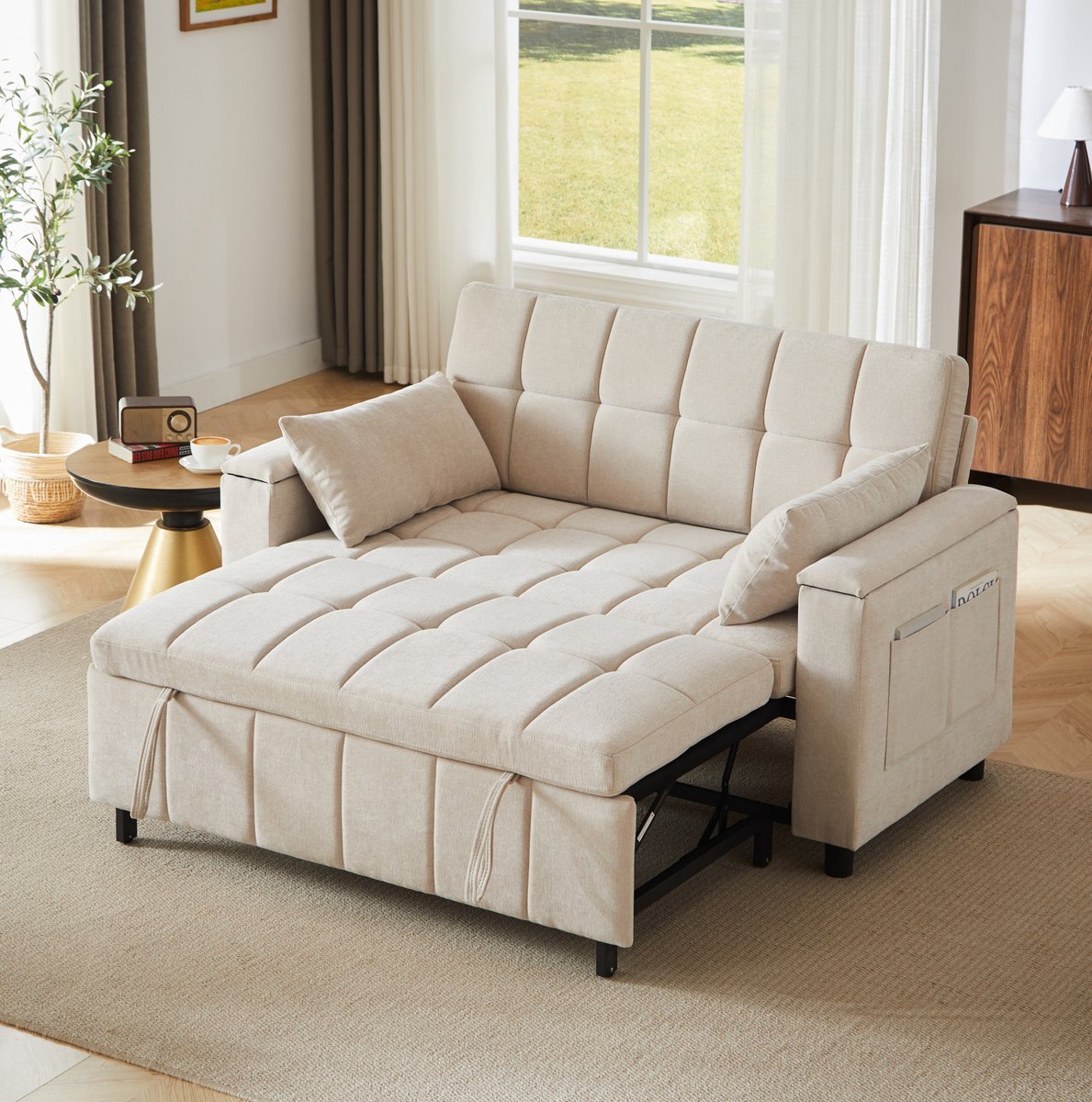 MODENUIT Slaapbank 2-Zits - 3-In-1 Met Opbergruimte In Armleuningen - Woonkamer En Gastkamer - Stof Beige