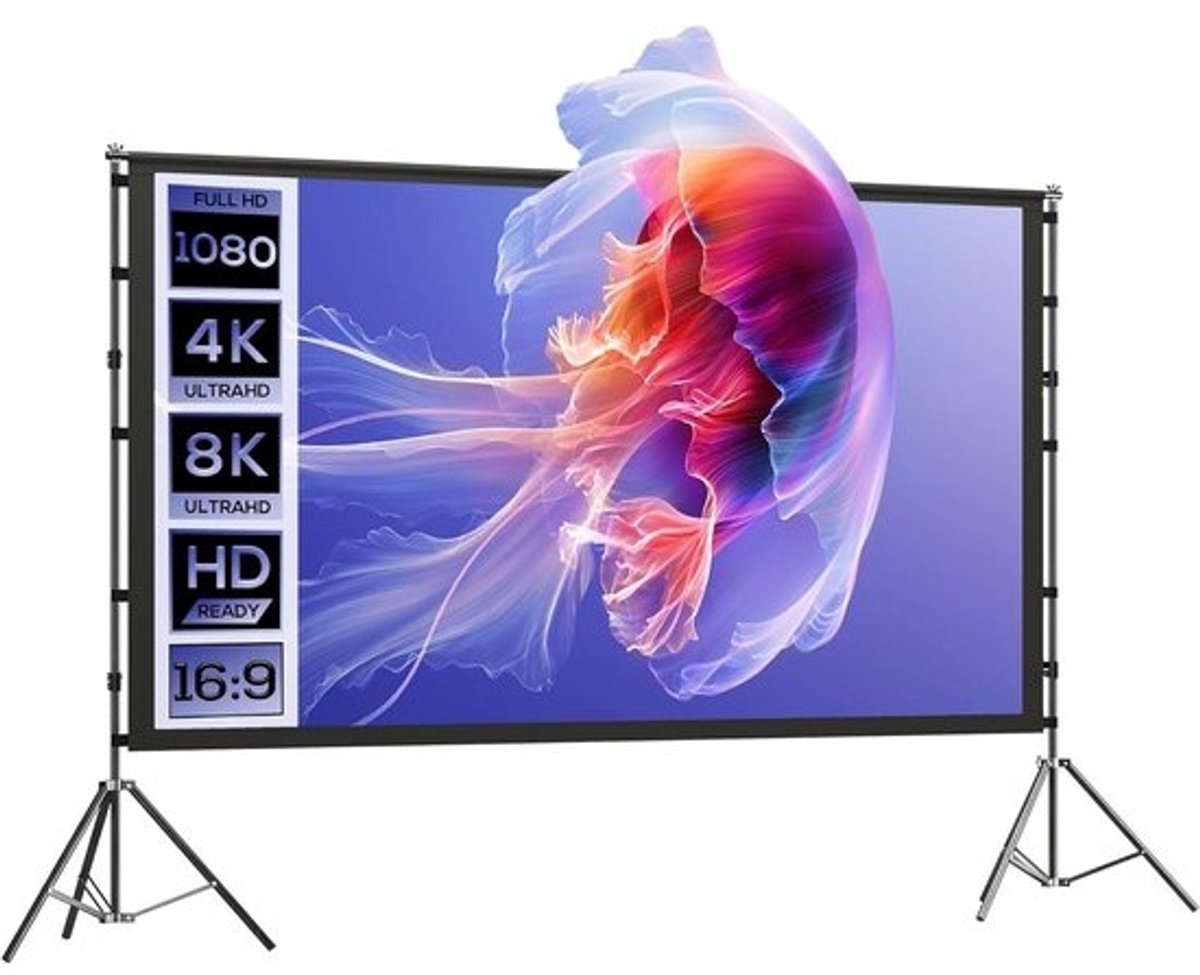 Projectiescherm - Draagbaar Scherm - Thuisbioscoop Presentaties - Dubbel Statief Stabiliteit - 100 Inch 16:9 - Wit Zwart