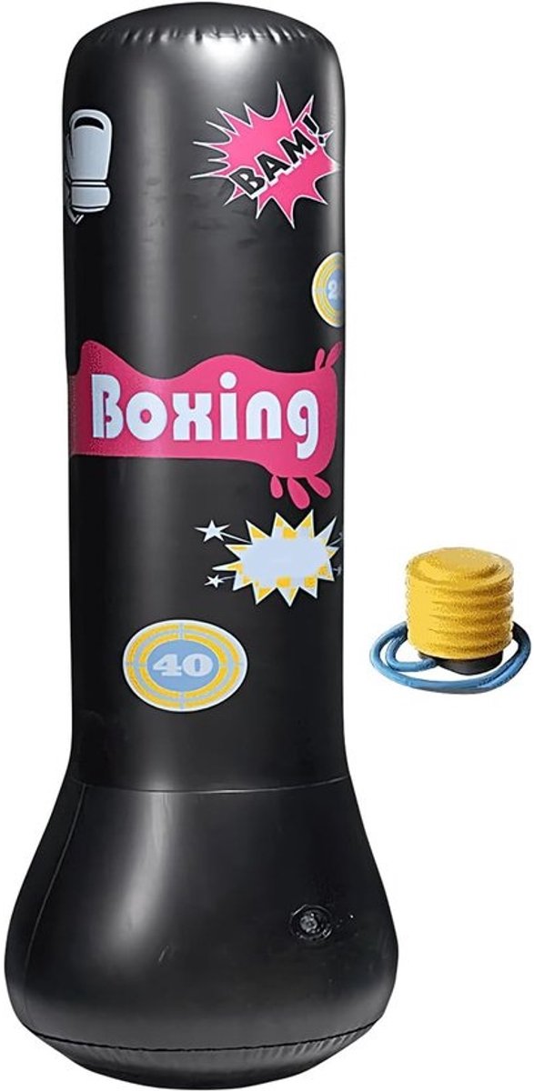Opblaasbare bokszak - Oefenstaander - Kinderen actief - Verzwaarde antislip basis - 64 x 120 cm - Zwart