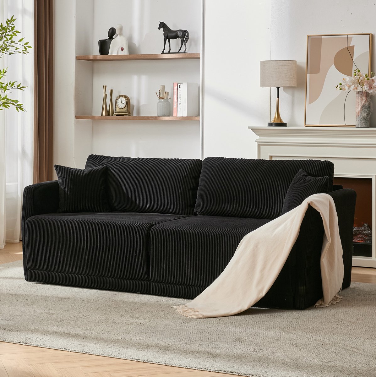 MODENUIT Slaapbank 2-Zits 202 cm - Uitklapbare Slaapfunctie - Voor Woonkamer En Studio - Corduroy - Zwart