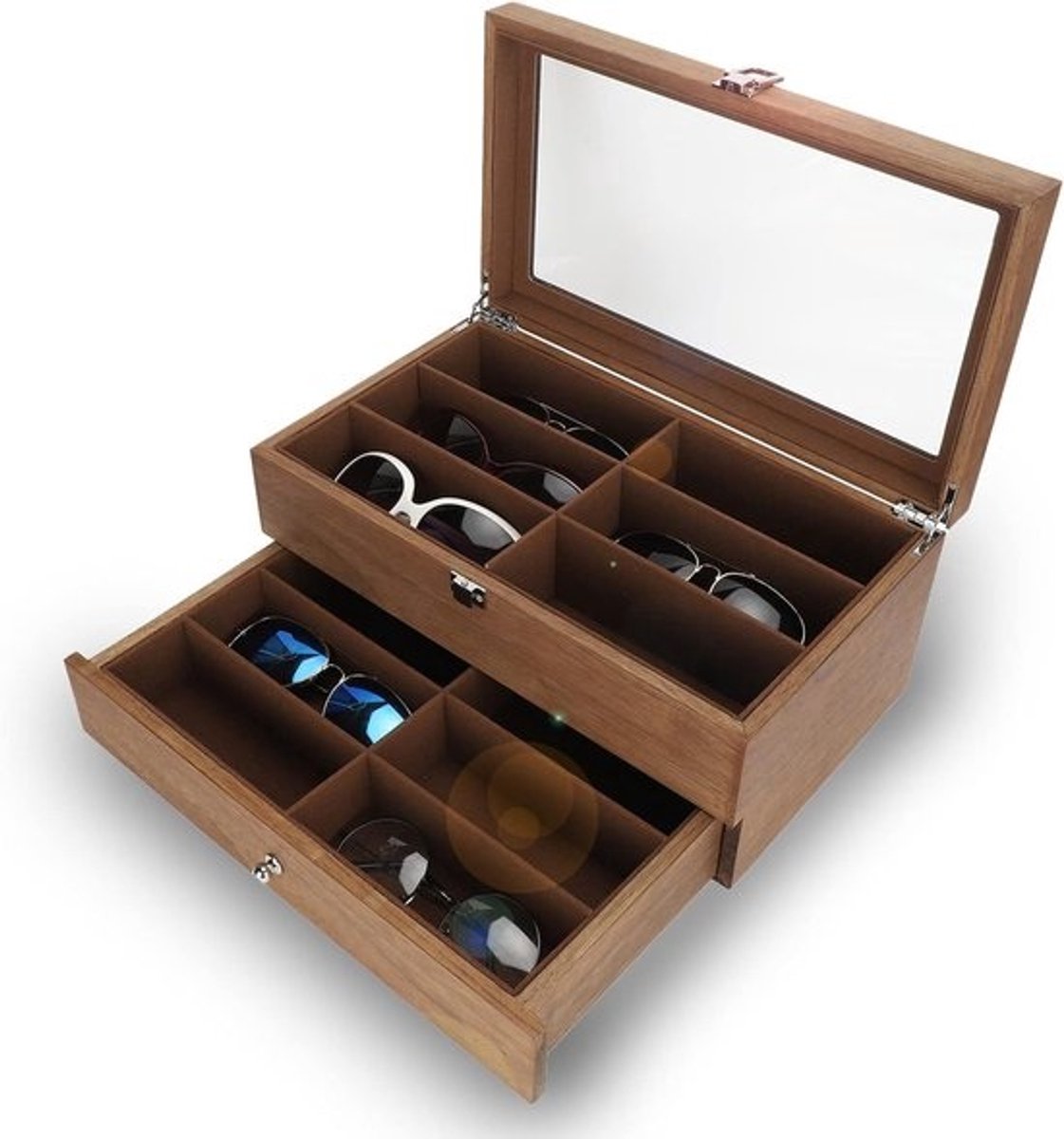Brillen Opbergdoos - Kastje Glazen - Veilige Opslag - Twaalf Vakken - 34.5 cm Lengte - Houtkleur