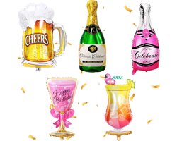 Champagne Ballonnen Set van 5 Stuks - Helium Ballonnen voor Verjaardag, Bruiloft en Feestdecoratie met Bier en Whisky Thema