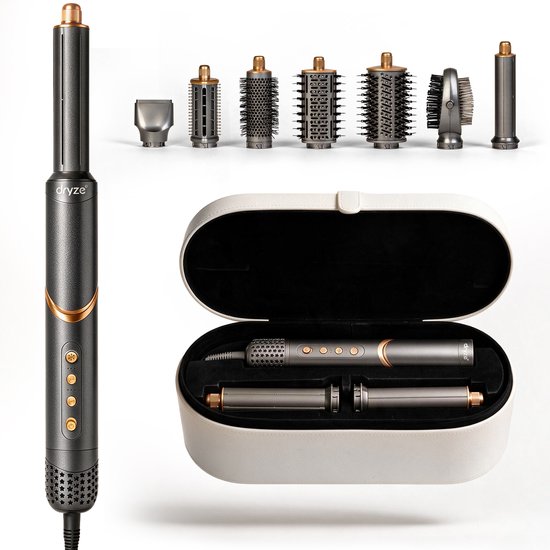 Dryze ProFlex Airstyler multistyler in donkergrijs met koperkleurige accenten, inclusief 7 opzetstukken en een witte opbergcase.