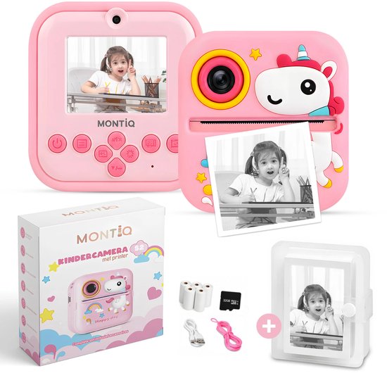 Roze kindercamera met unicorn-design, inclusief printer, fotoalbum, 32GB SD-kaart en kabels.