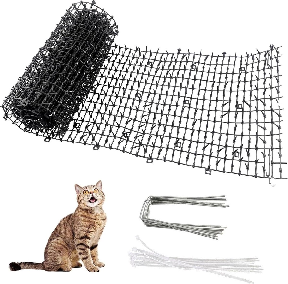 150 x 30 cm Anti-Cat Mat voor Tuin en Binnen, Kattenafschrikmat met 8 Haringen en 8 Kabelbinders, Effectieve Bescherming Tegen Katten en Dieren