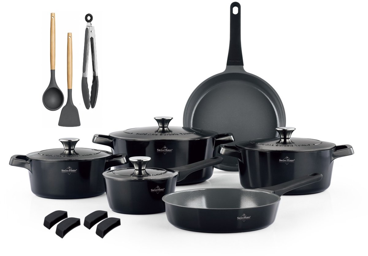 Swiss Haus ZL3017B Pannenset Inductie - 17 Delige Pannensets - PFAS Vrij - Set Met Koekenpannen, Kookpotten & Steelpan - Pannen Voor Alle Warmtebronnen - Pan met Sapphire Antiaanbaklaag - Zwart