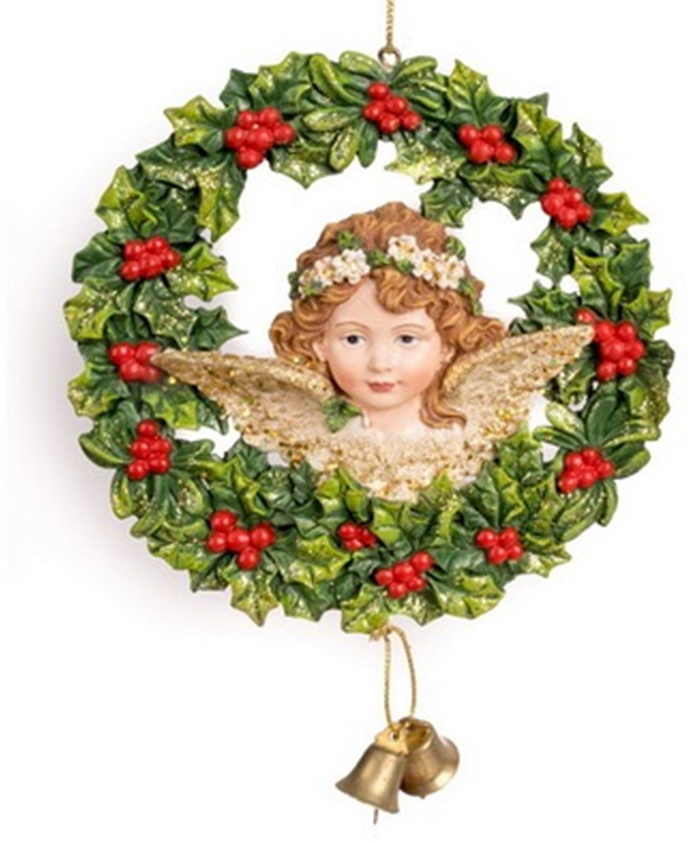 Ornament Engel in kerstkrans met belletje 11,5x1,5x14cm