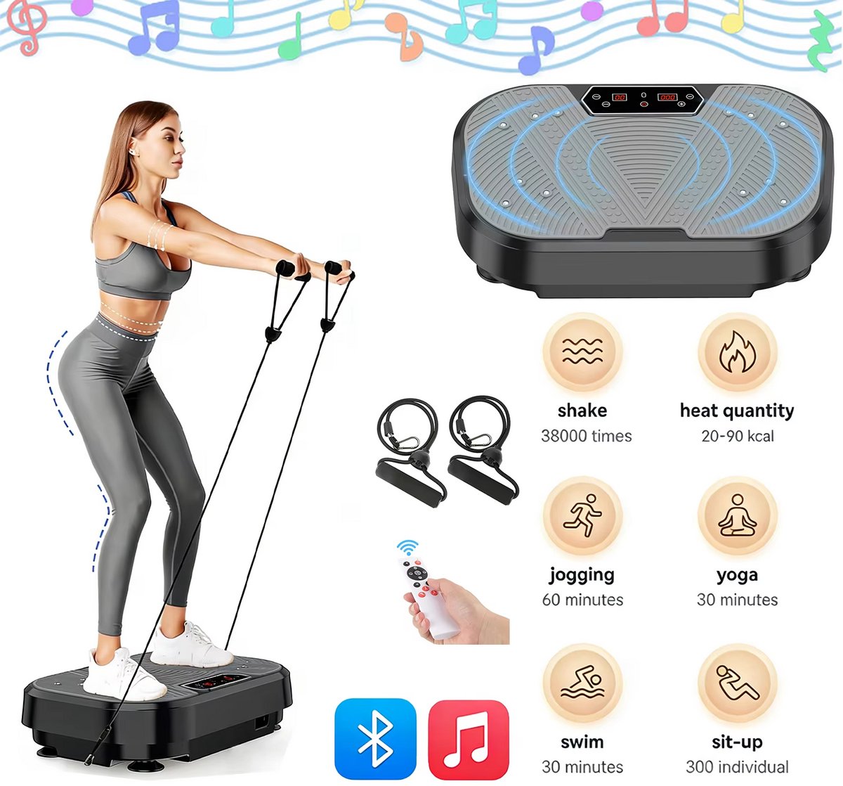 CreateEcom Trilplaat - vibratie plaat - Trilplaat met 250 kg capaciteit - 120 snelheden - full body workout machine met 10 modi - inclusief weerstandsbanden voor vetverbranding/spierversteviging - touchscreen control - grijs