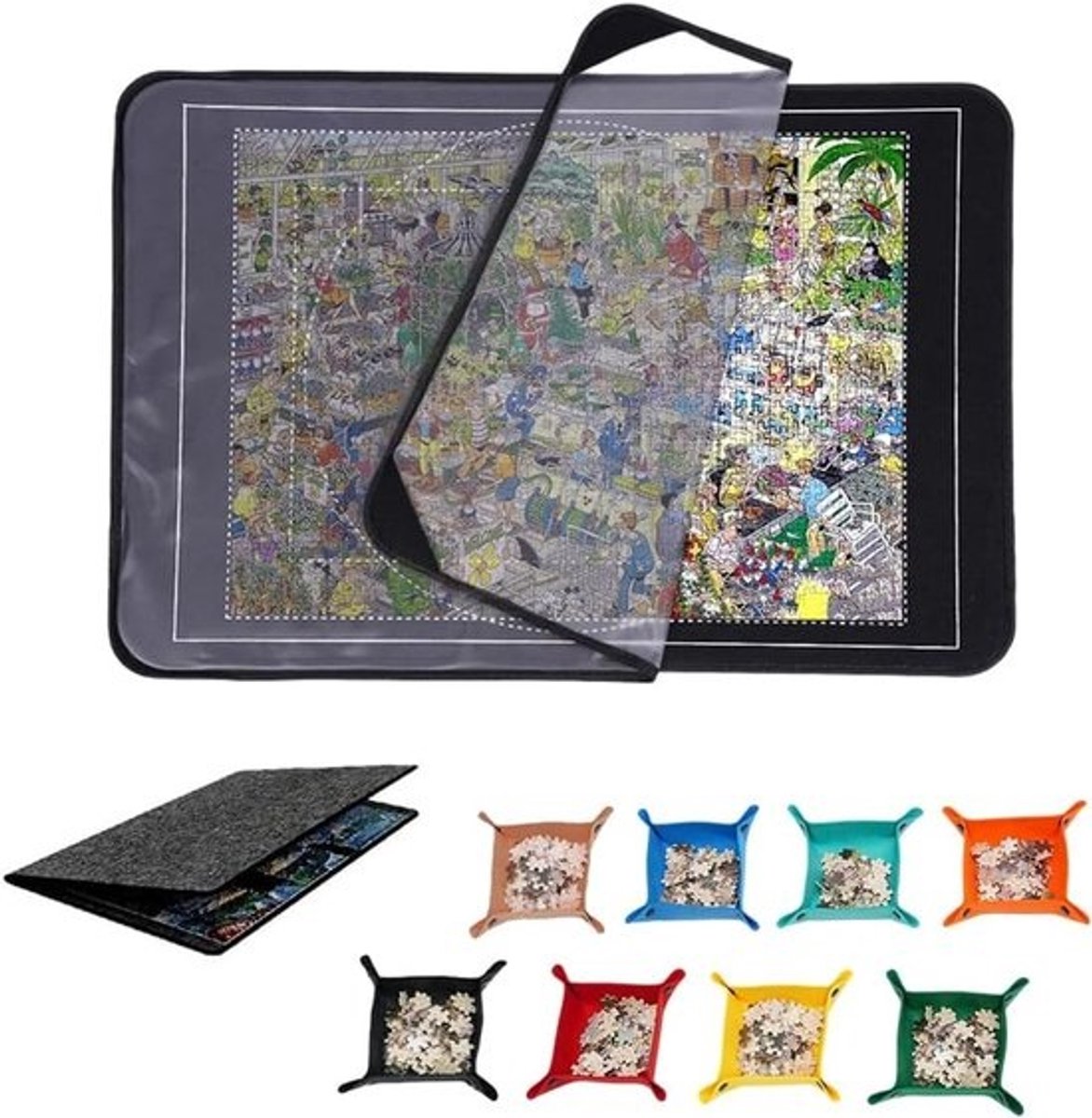Puzzelmat Inklapbaar - Puzzelplank Opberg - Puzzels Maken - Met 8 Sorteerbakjes - 32x22 Inch - Zwart
