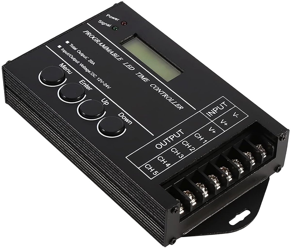 Programmeerbare LED tijdcontroller met 5 kanalen en CD USB-kabel voor DC12/24V, 20A output | Veelzijdige RGBW/RGB LED lichttimer en helderheidsregeling voor optimale verlichtingservaringen
