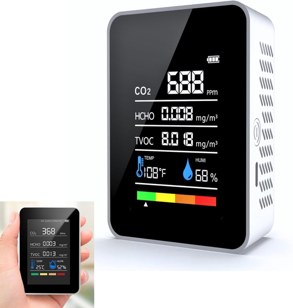 KZQ 5-in-1 luchtkwaliteitsmeter - Meet CO2 HCHO TVOC temperatuur en vochtigheid - Draagbaar en batterijgevoed - Geschikt voor thuis kantoor en reizen - Wit