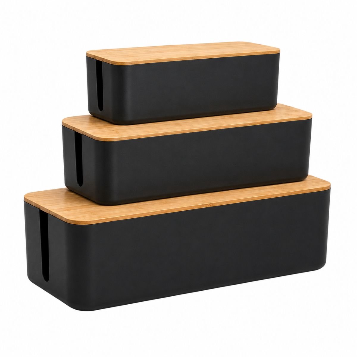 Ceruzo Kabelbox Set 3-delig - M-L-XL - Kabel Organizer voor Stekkerdoos - Bamboe Deksel- Zwart